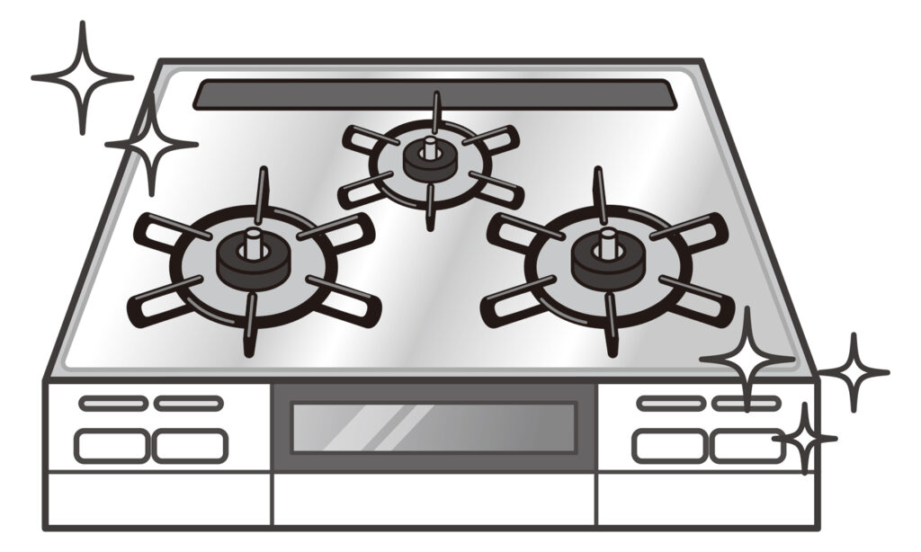キッチンマジックリンと、消毒用エタノールで汚れを落とした、キッチンガスコンロ、イメージ画像。
