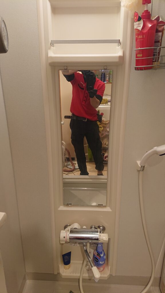 ウロコ状になっている鏡の、実際の作業前のアフター画像。お掃除後。