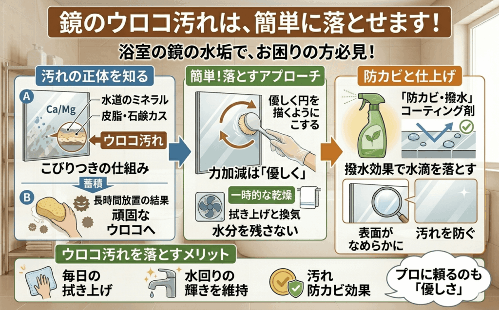 鏡のウロコ汚れは、簡単に落とせます！浴室の鏡の水垢で、お困りの方必見！