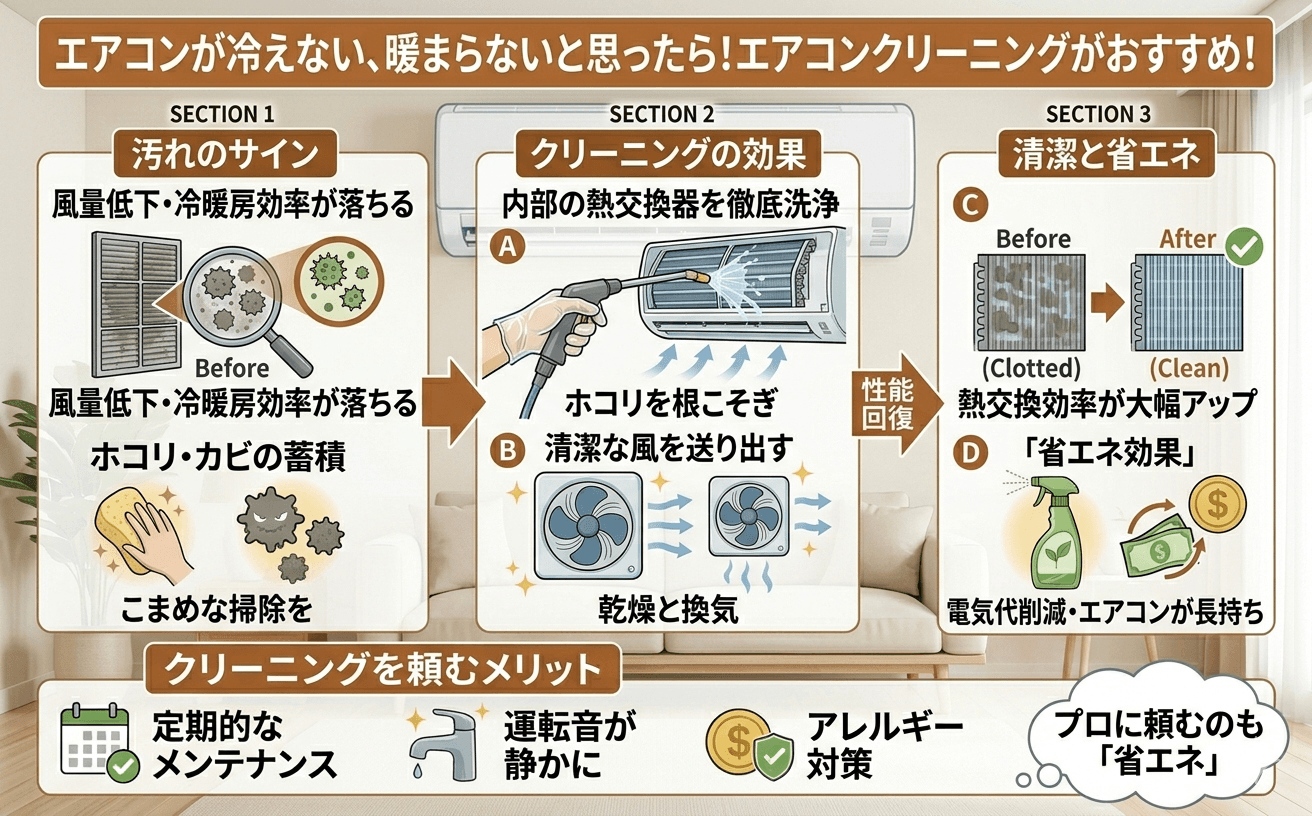 エアコンが冷えない、暖まらないと思ったら！エアコンクリーニングがおすすめ！