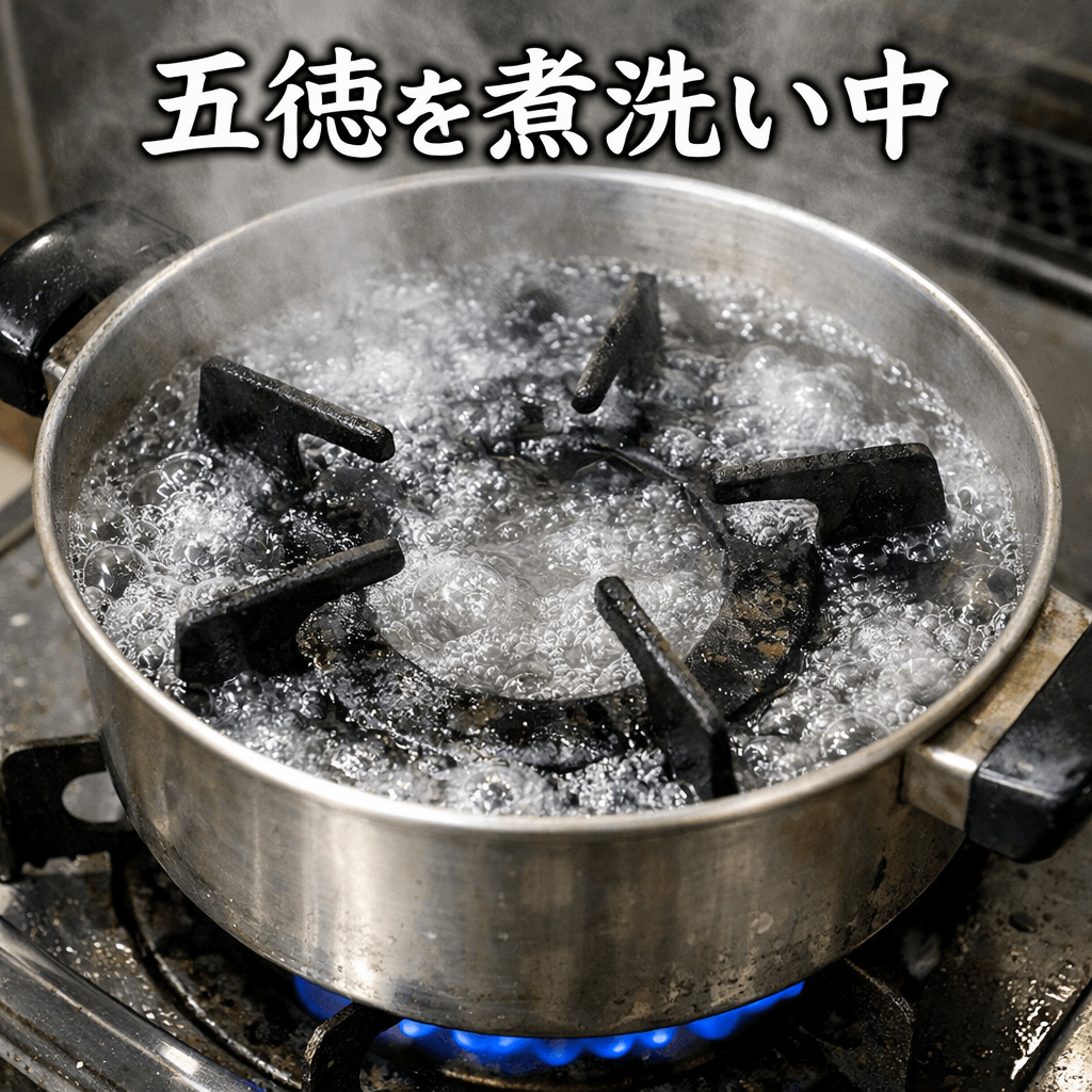 五徳の焦げ付きを重曹・セスキで煮沸して落とす手順イメージ