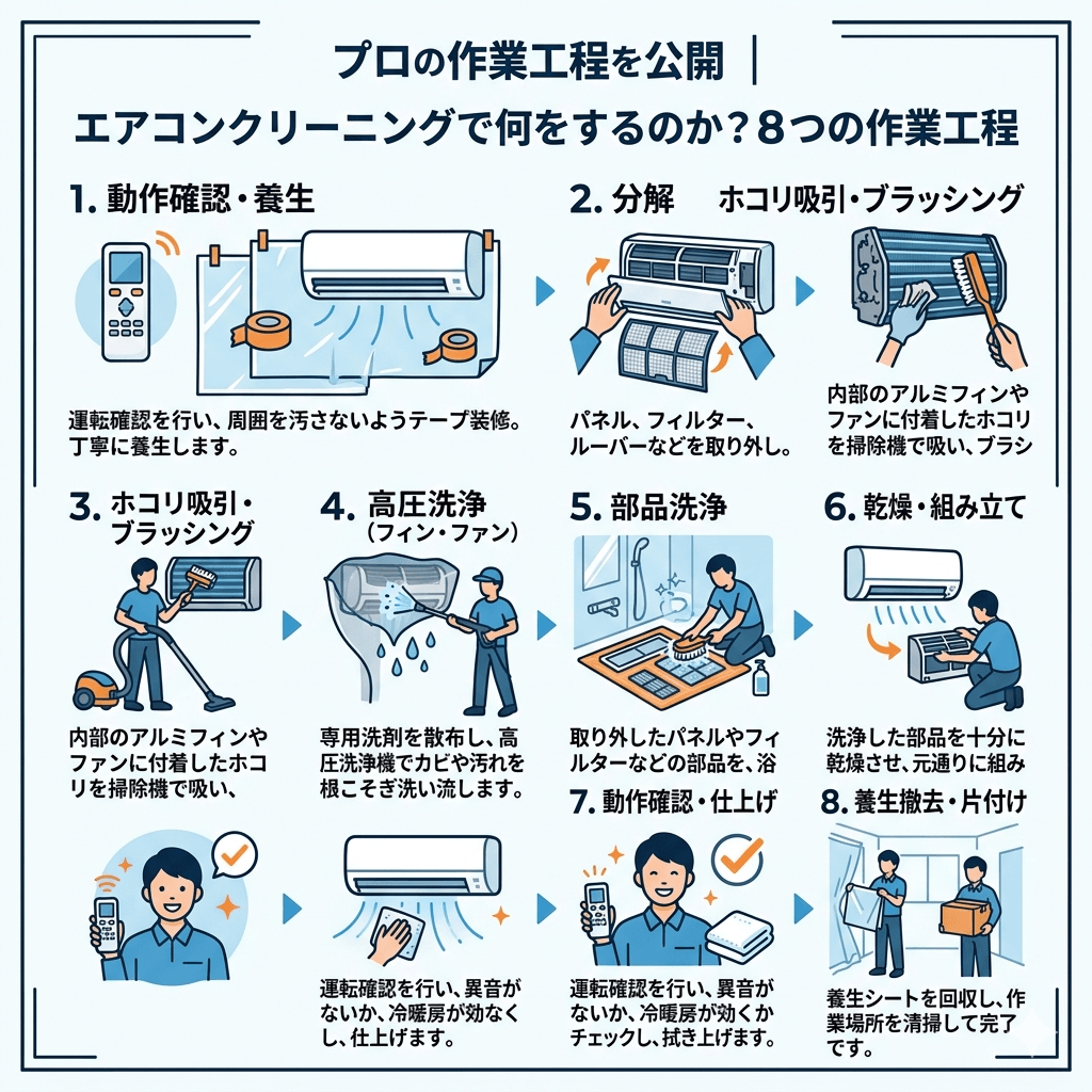 快適プロデュースのエアコンクリーニング手順。養生・分解・高圧洗浄・乾燥の各工程