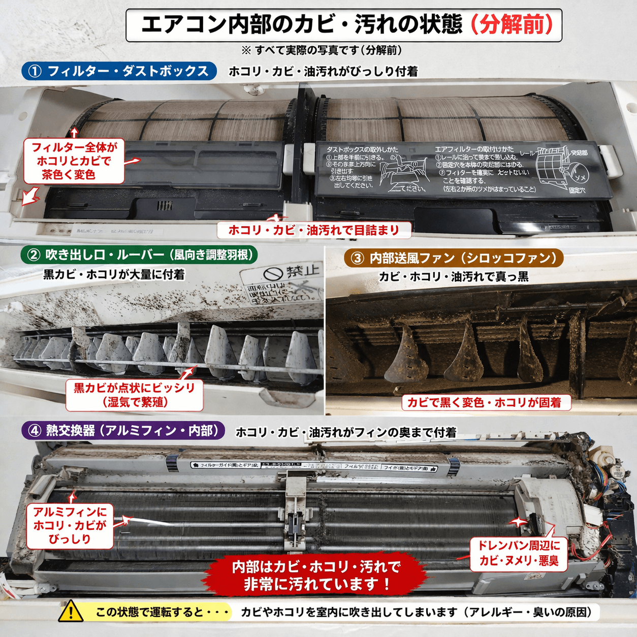 エアコン内部の汚れ・フィンに付着したカビとホコリ