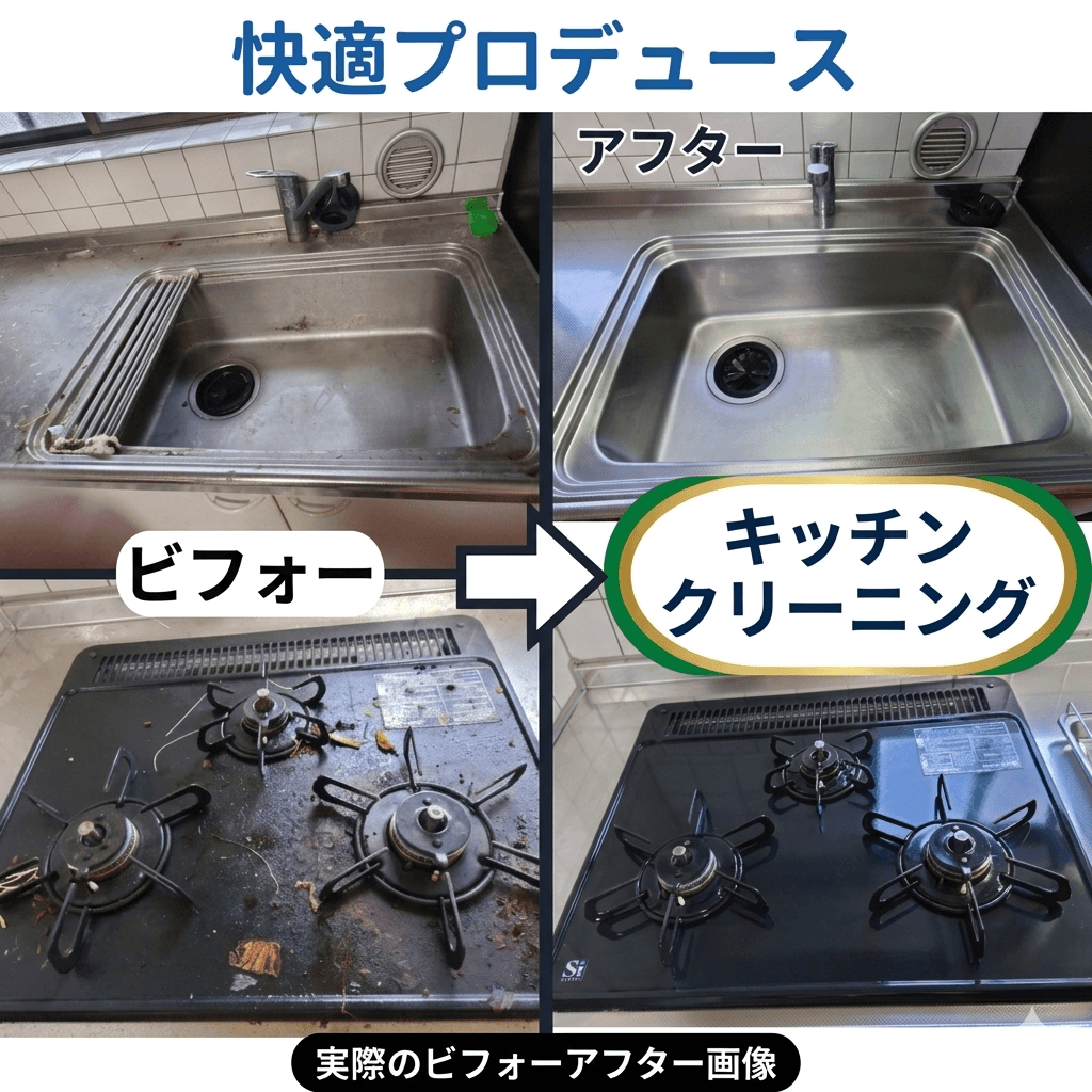 クリーニング前後の比較写真、シンクが劇的にきれいになっている
