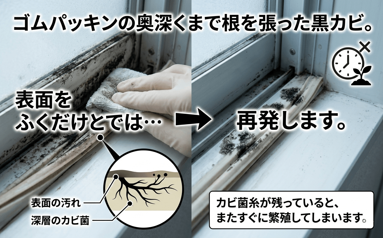 窓サッシのゴムパッキン部分に根付いた黒カビ