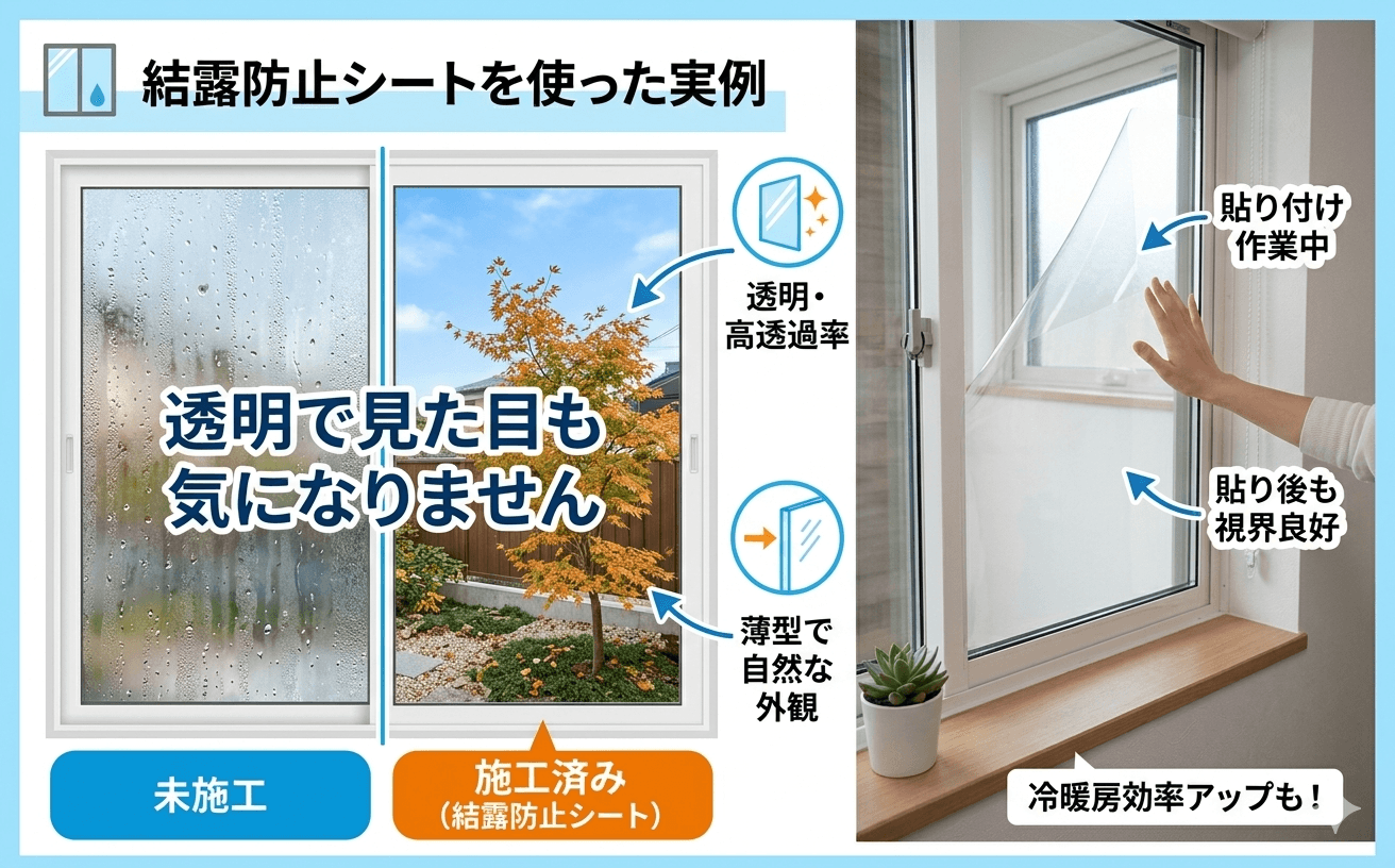 窓の結露防止シートを貼った様子