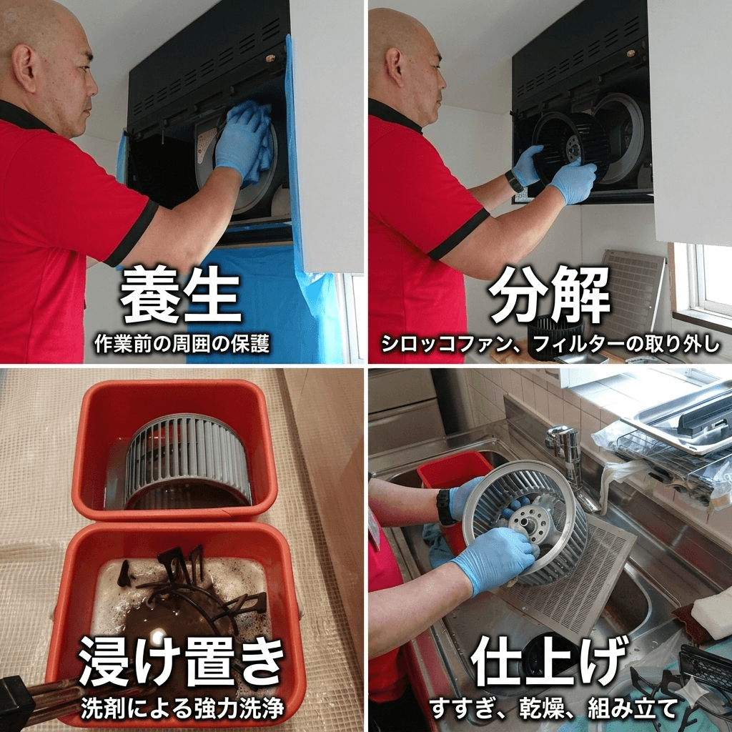 養生・浸け置き・洗浄・仕上げの作業工程