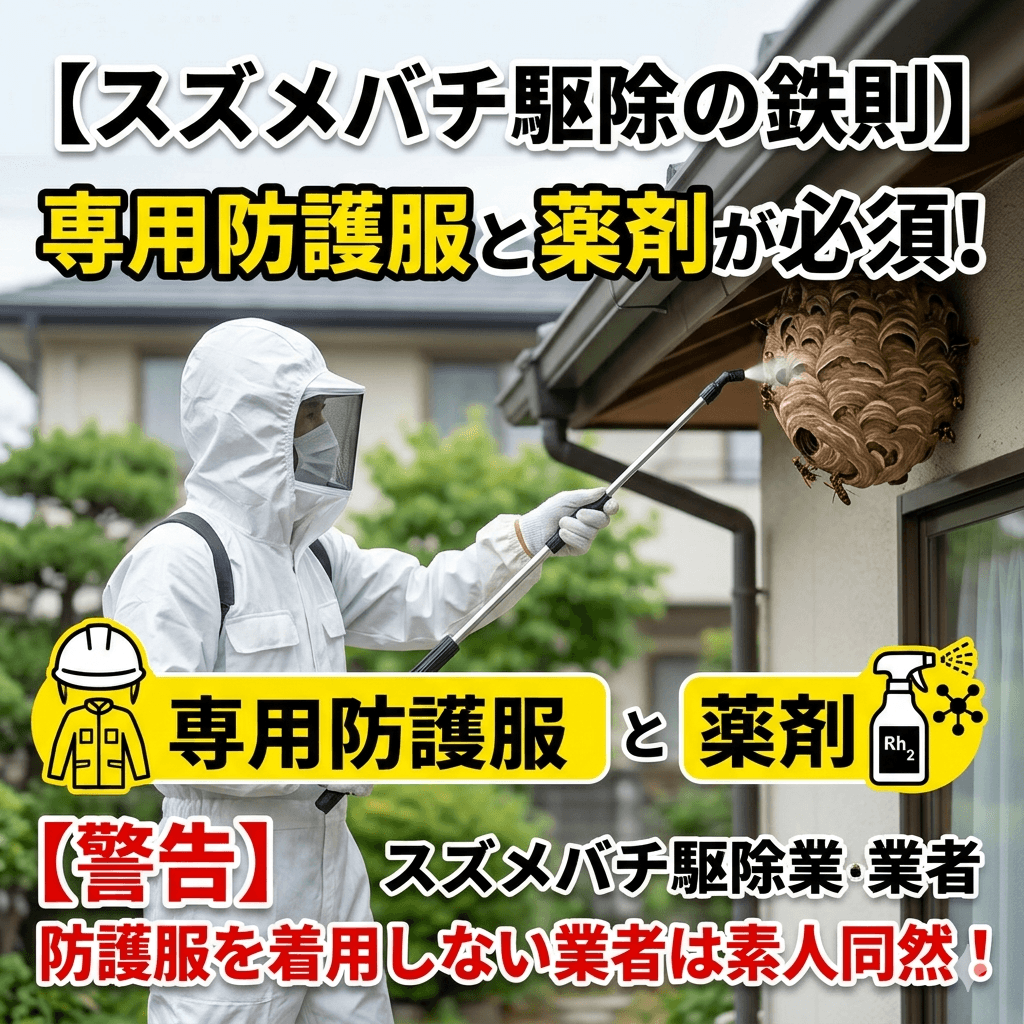 スズメバチ駆除の様子と防護服を着た作業員