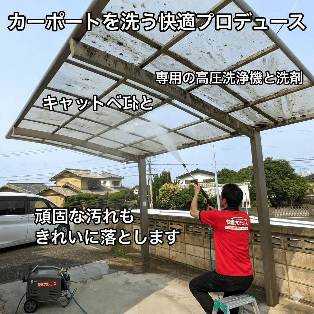 カーポート清掃業者が高圧洗浄機で屋根を洗っている様子