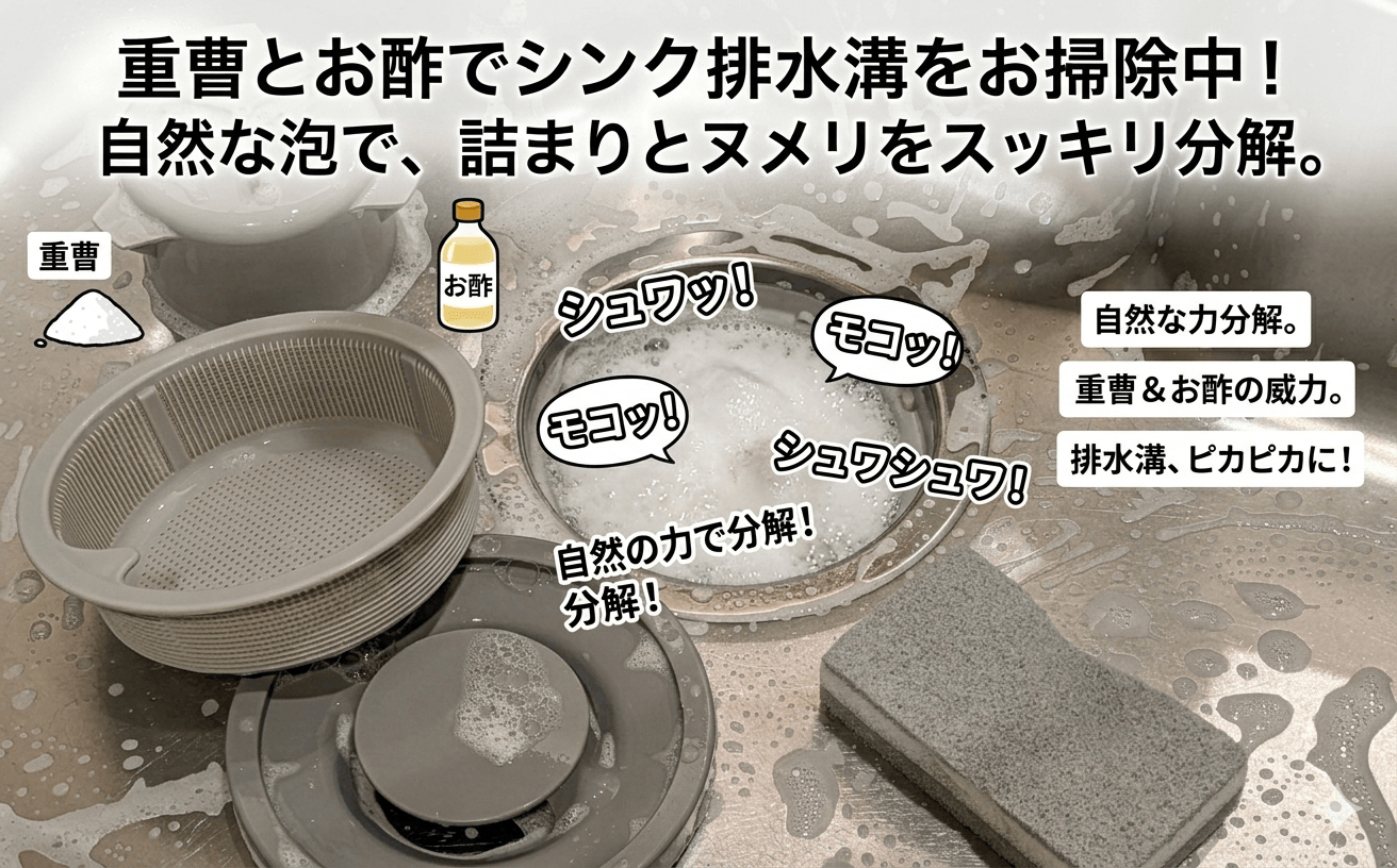 重曹とお酢で排水溝を掃除しているイメージ