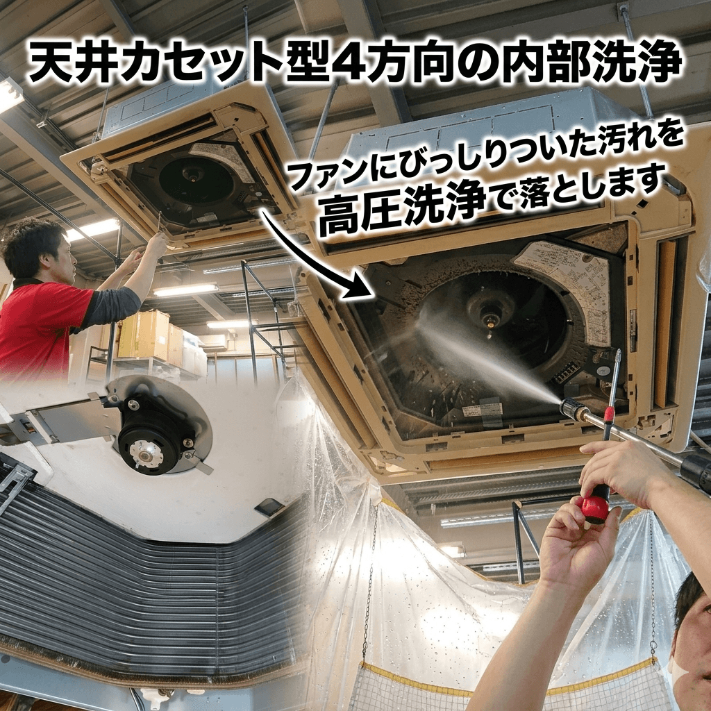 業務用エアコン天井カセット型の洗浄作業イメージ