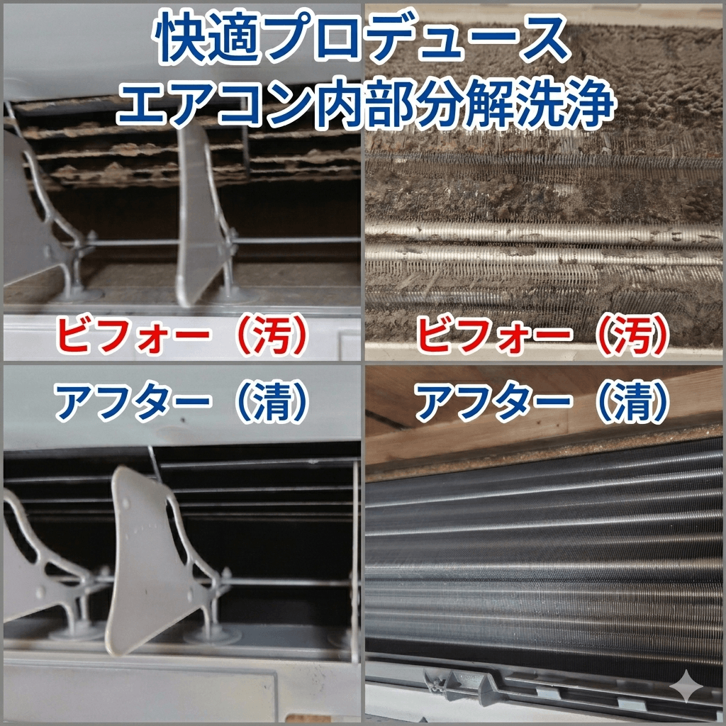 クリーニング前後のエアコン内部比較写真。黒カビが除去されてきれいになっている