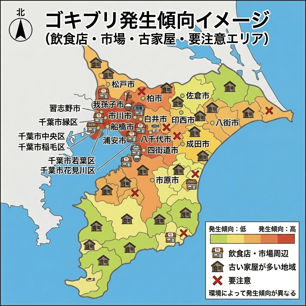 千葉県エリアマップとゴキブリ発生傾向のイメージ