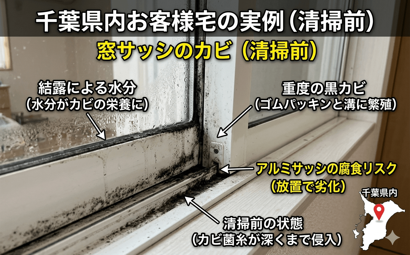 窓サッシの黒カビ汚れのアップ写真