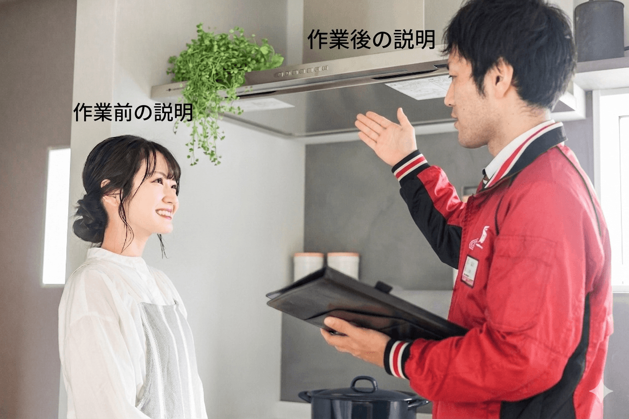 作業前の養生・お客様への確認シーンなど信頼感のある作業風景