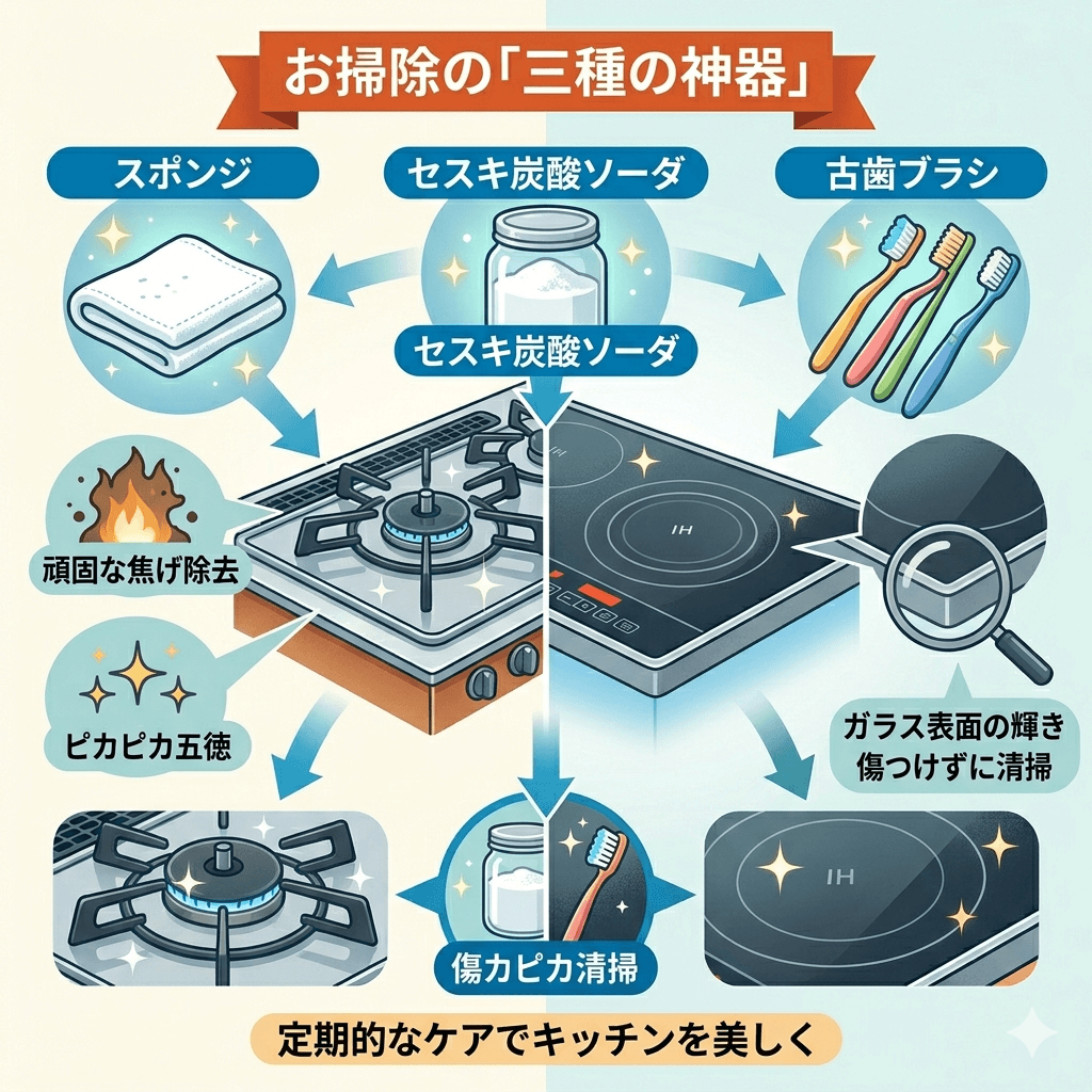五徳とIH掃除に使う道具一覧のイメージ