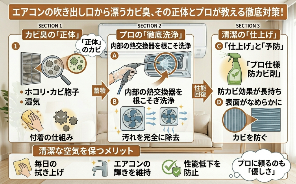 エアコンの吹き出し口から漂うカビ臭、 その正体とプロが教える徹底対策！