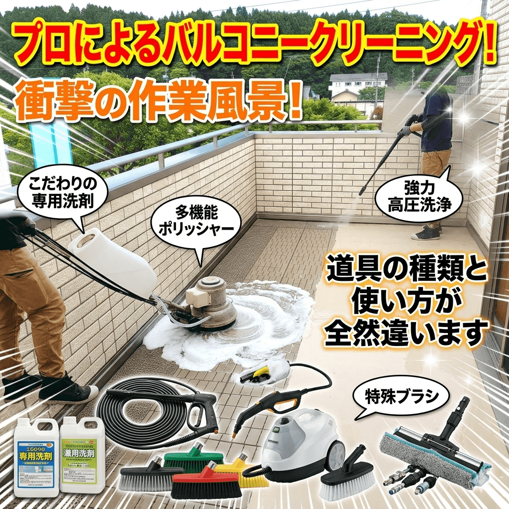 ハウスクリーニング業者がバルコニー清掃をしている現場写真