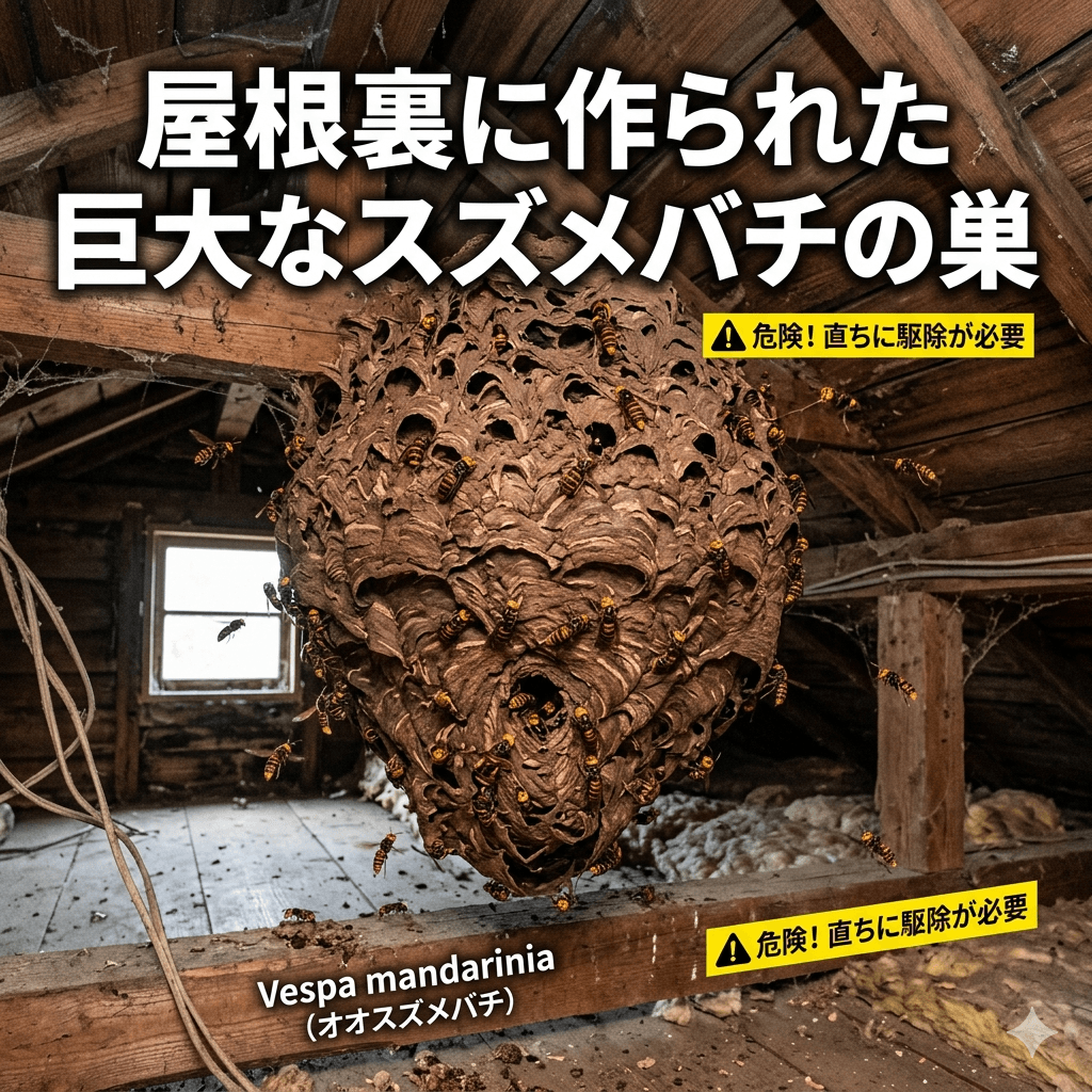 屋根裏に作られた大型スズメバチの巣の写真