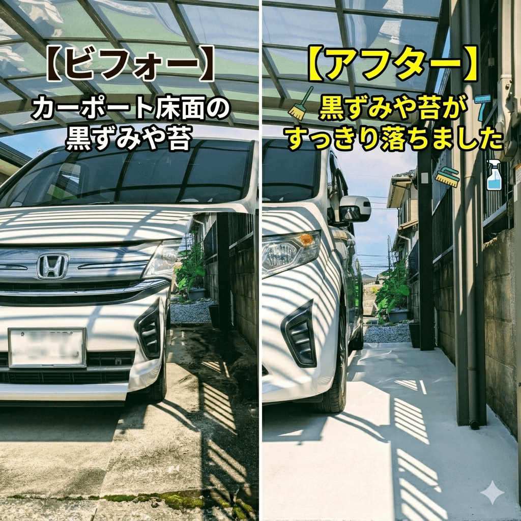 カーポート床面の高圧洗浄ビフォーアフター