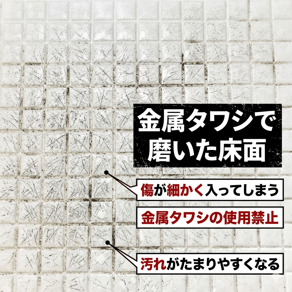 間違ったブラシで傷がついた浴室床のアップ