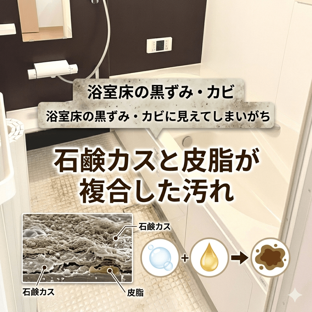 浴室の床に付着した黒ずみと石鹸カスの状態