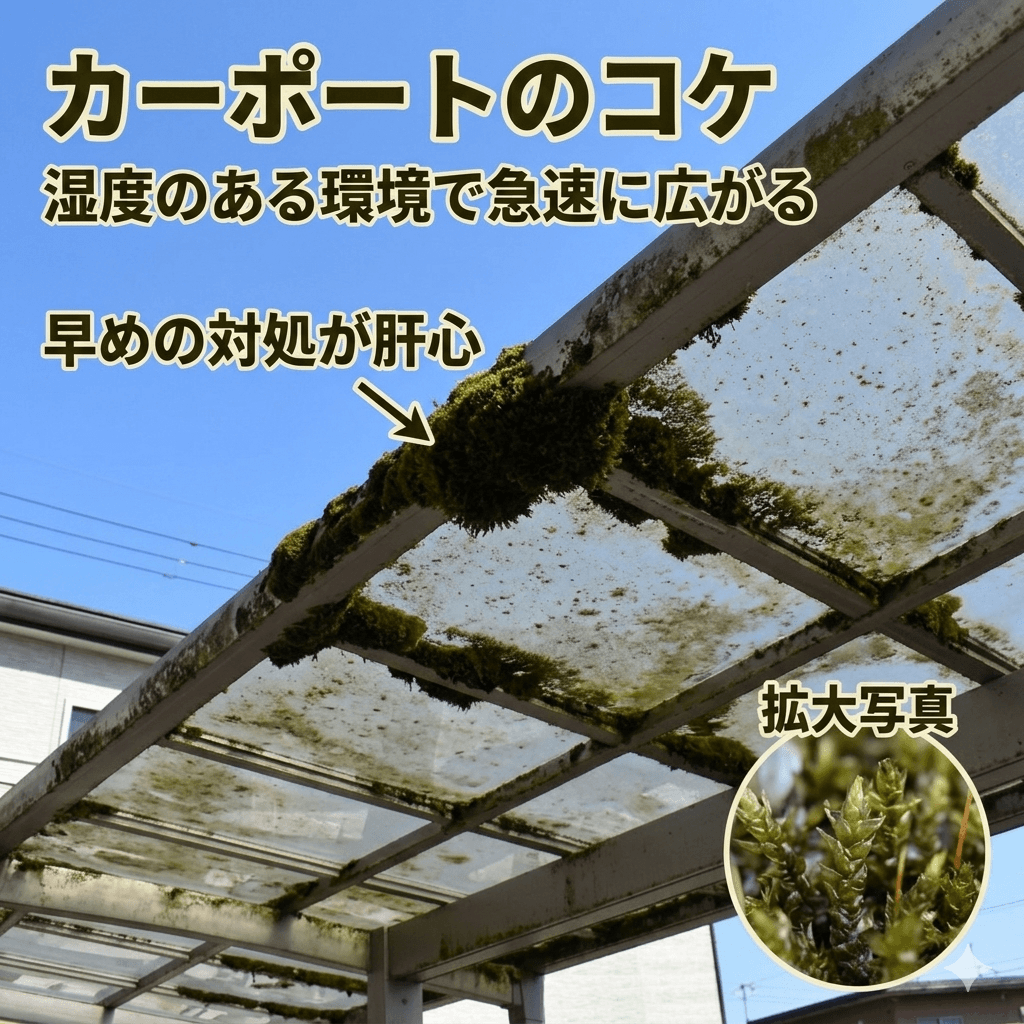 カーポート屋根パネルのコケと苔の拡大写真