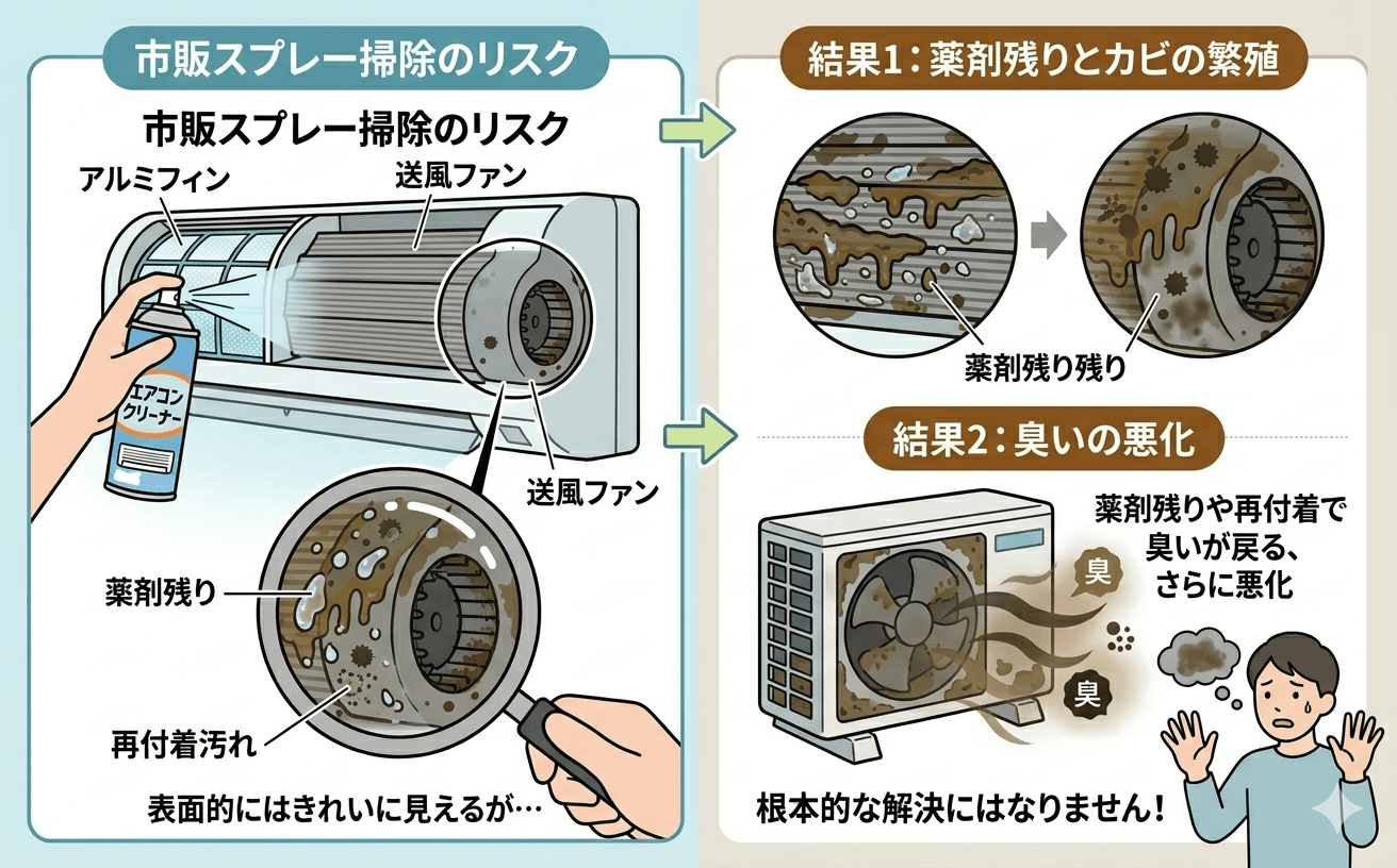 市販スプレー掃除のリスクを示すイメージ