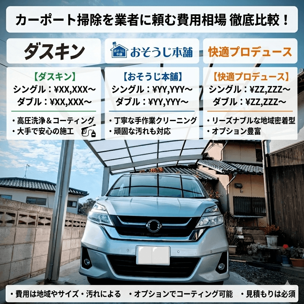 カーポート掃除を業者に頼む費用相場｜ダスキン・お掃除本舗・快適プロデュースを徹底比較