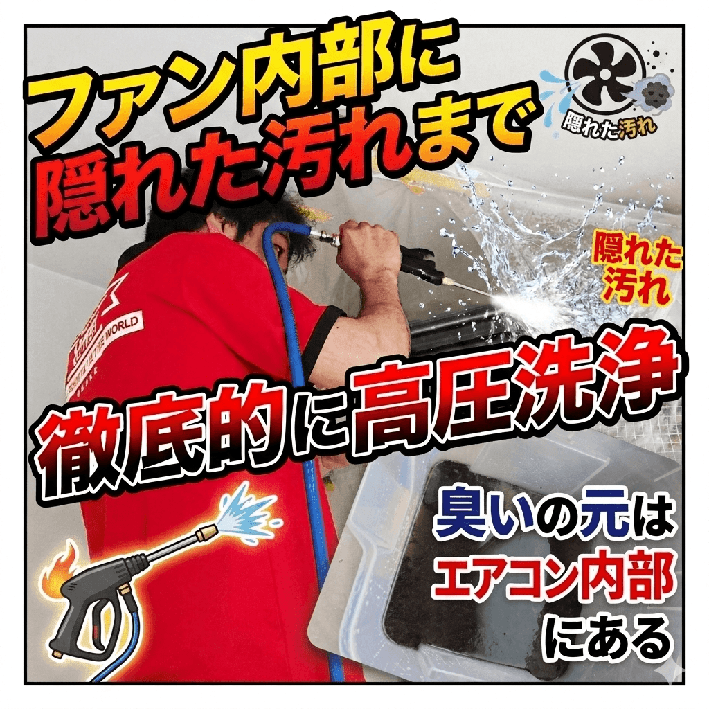 エアコンクリーニング作業中・高圧洗浄でフィンを洗浄している様子