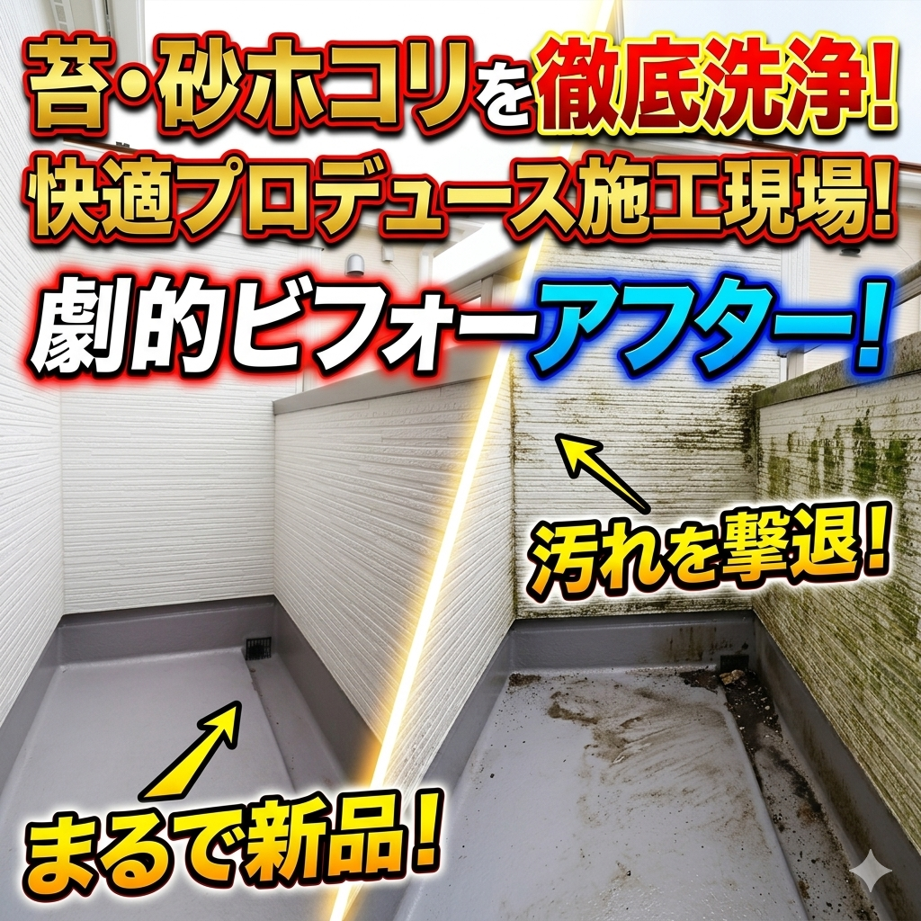 快適プロデュースによるバルコニークリーニング作業後のビフォーアフター