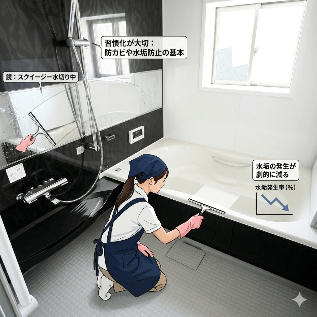 浴室の換気扇と水切りスクイージーによる日々の防カビ対策の様子