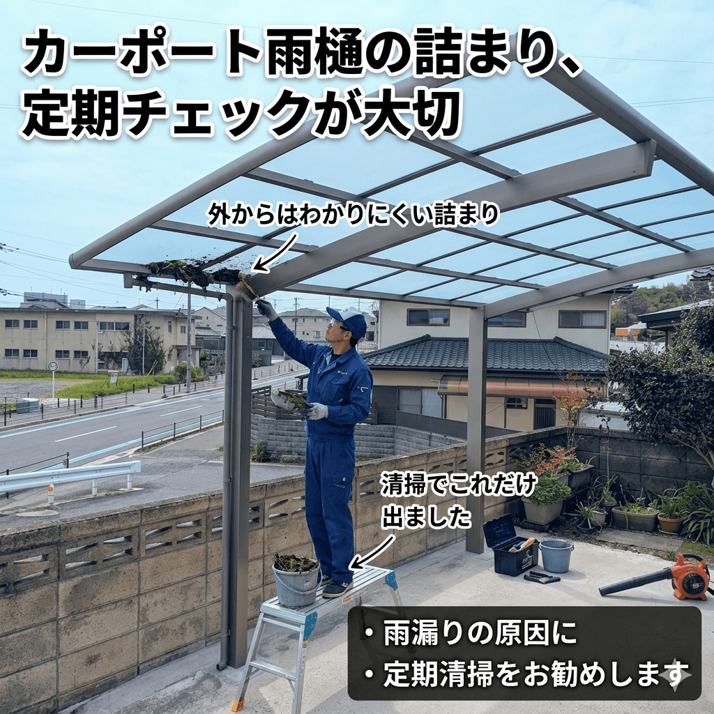 カーポート雨樋の詰まりを清掃している現場の様子