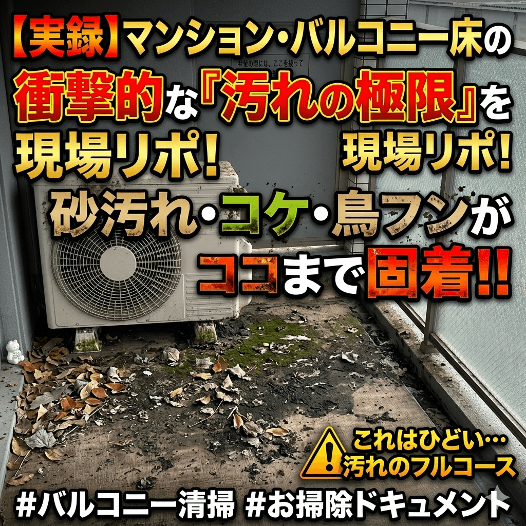 マンションのバルコニー床の汚れ状態（砂ぼこり・コケ・鳥フン）