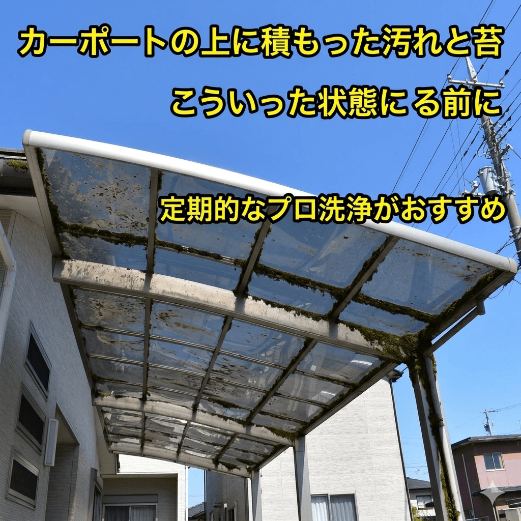 カーポートの屋根に積もった汚れとコケ