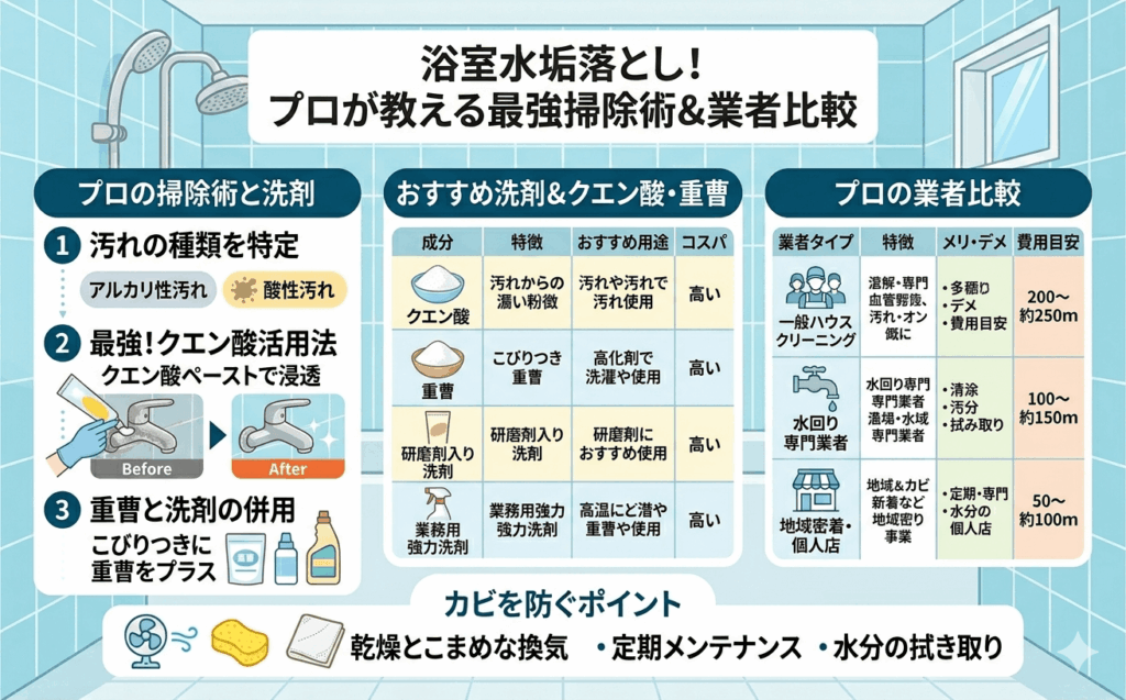 浴室の水垢が落ちない？プロが教える最強の掃除術とおすすめ洗剤・クエン酸・重曹活用法＆業者比較