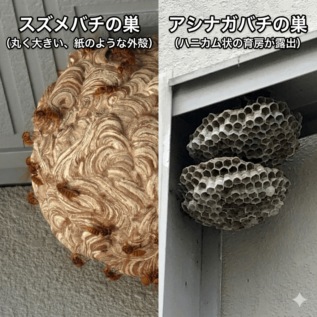スズメバチの巣とアシナガバチの巣の見た目の違い