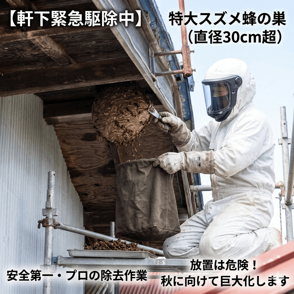 スズメ蜂駆除の防護服と作業風景