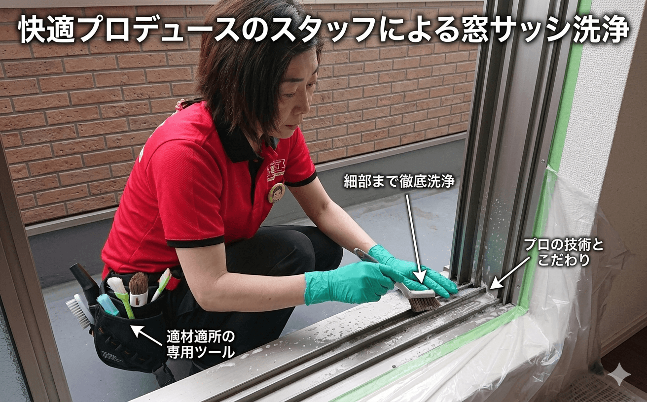 プロが行う窓サッシ清掃の作業写真
