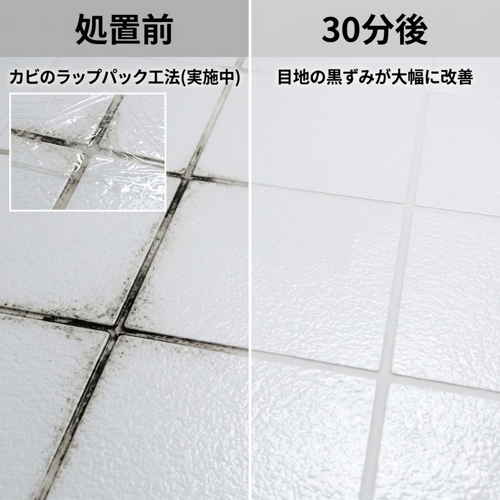 ラップパックで黒カビを除去している浴室目地のビフォーアフター