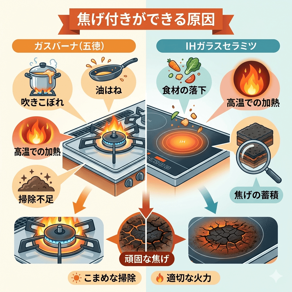 五徳やIHに焦げ付きができる原因のイメージ