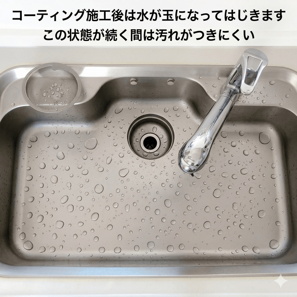 コーティング後のシンクに水が玉になっている様子