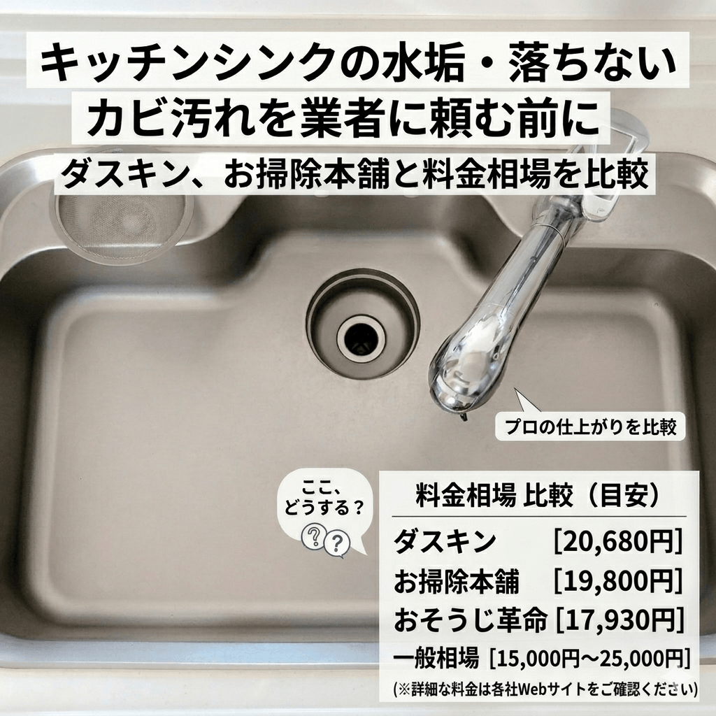 キッチンシンクの水垢・落ちないカビ汚れを業者に頼む前に｜ダスキン・お掃除本舗と料金相場を比較