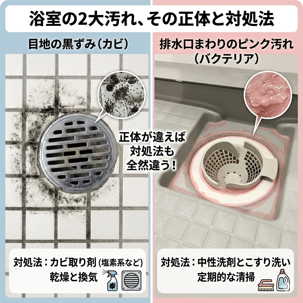 浴室床の目地に発生した黒カビとピンクカビの比較