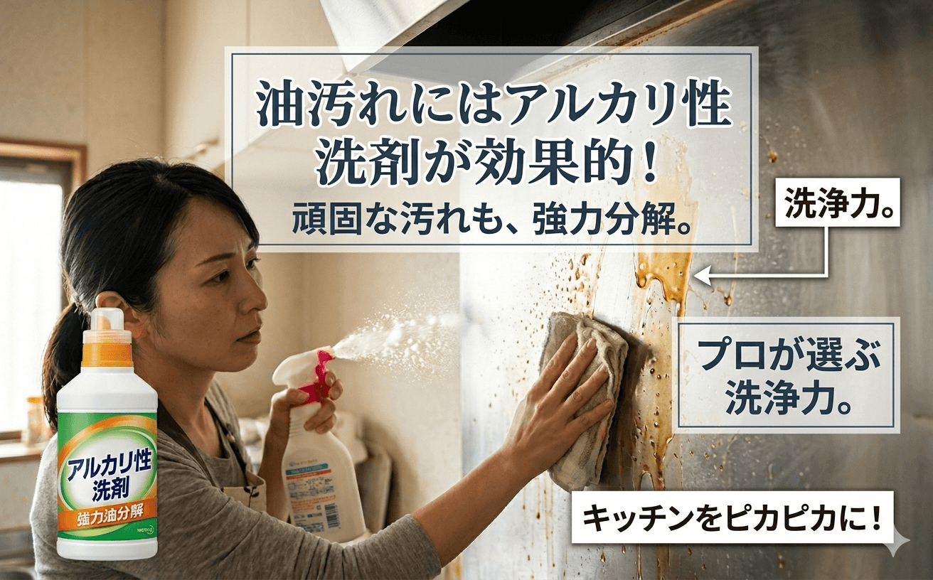 アルカリ性洗剤と油汚れのイメージ