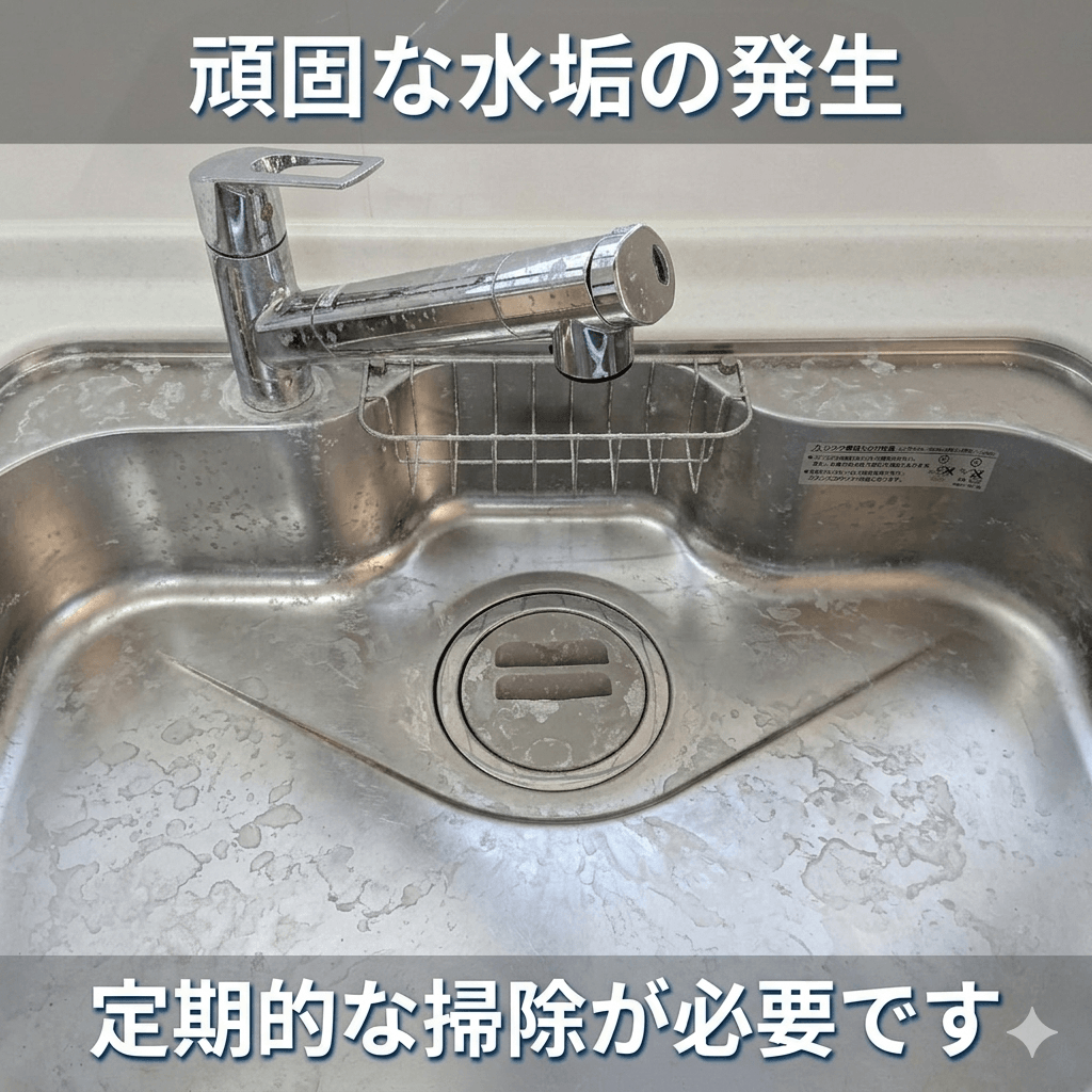 キッチンシンクにできた白い水垢の拡大写真