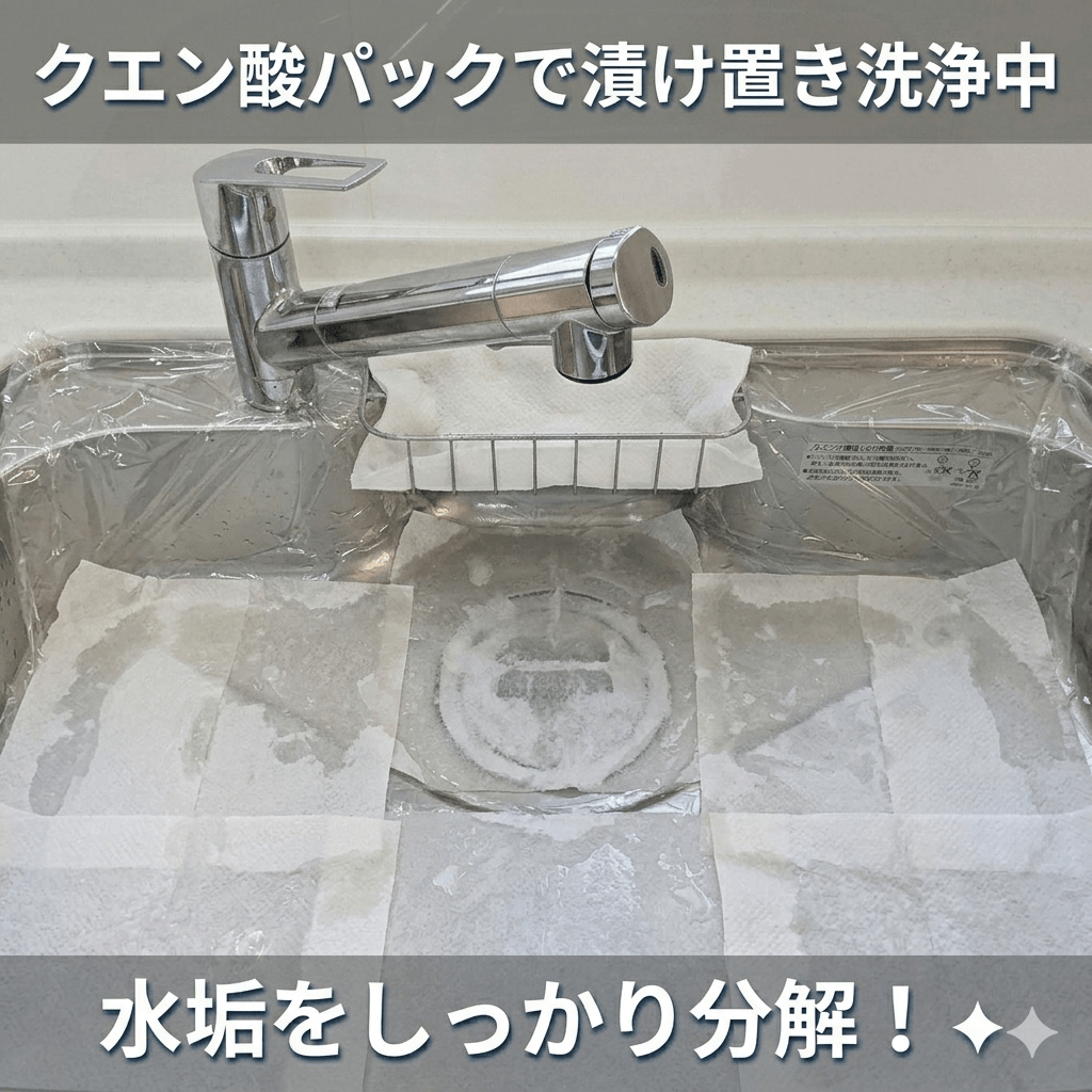 クエン酸パックでシンクの水垢を落としている様子
