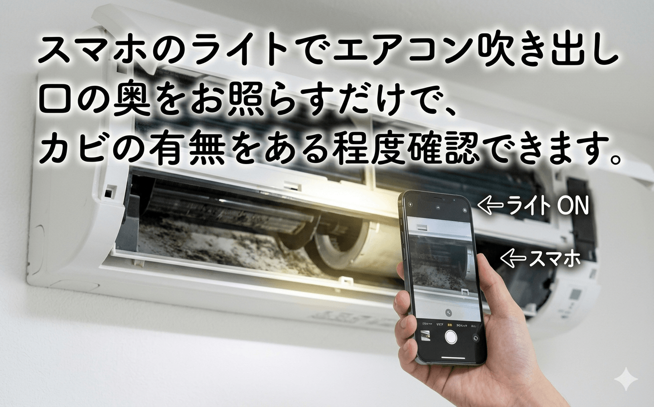 スマホライトでエアコン吹き出し口を確認している様子