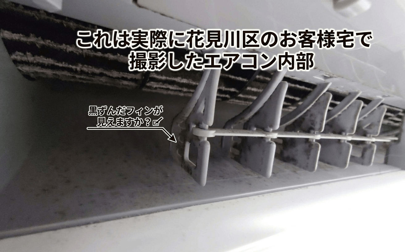 エアコン内部のカビ汚染の様子（クリーニング前）