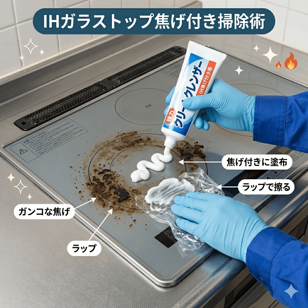 IHガラストップの焦げ付きをクリームクレンザーとラップで掃除するイメージ